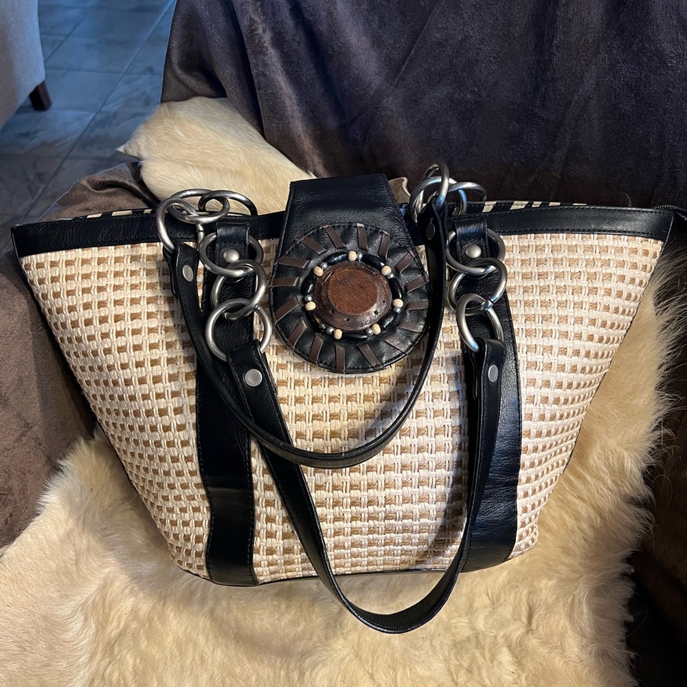 Kate Landry Straw Woven Shoulder Bag with Leather Trim